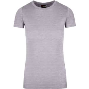 A women's grey American style T-shirt with a fitted design and short sleeves. It features a logo on the neckline.