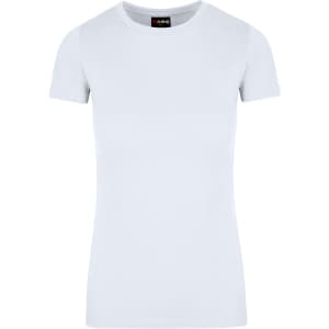 A women's light blue American style T-shirt with short sleeves and a logo on the neck.