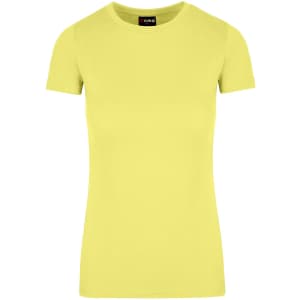 A women's American style T-shirt in vibrant yellow with short sleeves and a fitted design. It features a logo on the label.