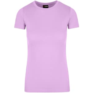 A women's T-shirt in a light purple shade with short sleeves and a round neckline. It features a brand logo on the label.