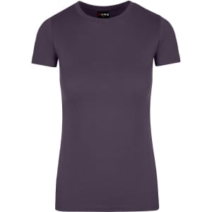 A women's American style T-shirt in a solid dark purple colour, featuring a round neckline and short sleeves.
