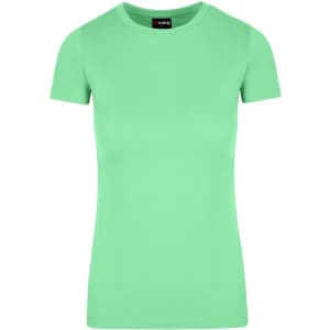 A women's short-sleeve T-shirt in a vibrant mint green colour with a logo on the label.