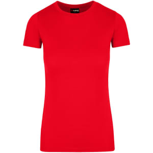 A red women's American style T-shirt with a short sleeve design and a logo on the neckline.