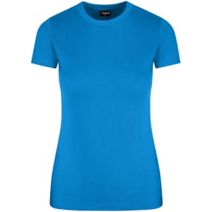 A bright blue women's slim fit tee with a round neckline and short sleeves, featuring a logo.
