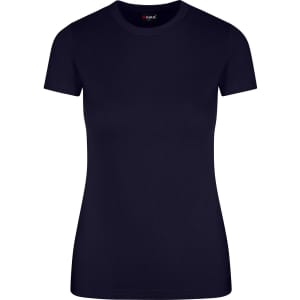 A women's slim fit tee in navy blue with short sleeves and a round neckline, featuring a logo.