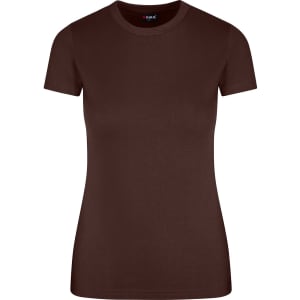 A brown women's slim fit tee with short sleeves and a round neckline. Includes a logo on the inside label.