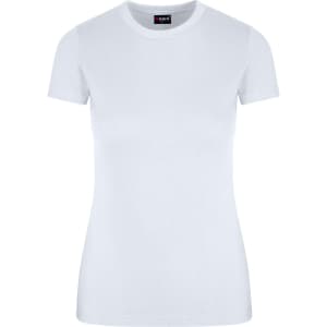 A white women's slim fit t-shirt with short sleeves and a logo on the label.