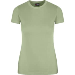 A women's slim fit tee in a soft green colour, featuring a round neck and short sleeves. It has a logo on the tag.