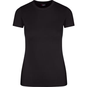 A black women's slim fit tee with short sleeves and a round neck, featuring a logo.