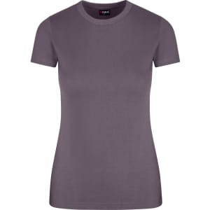 A women's slim fit tee in a muted purple colour, featuring short sleeves and a round neckline. It has a logo.