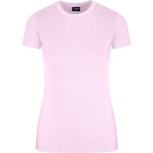 A women's slim fit tee in a soft pink colour with a round neckline and short sleeves. Featuring a logo on the neckline.