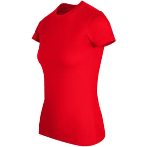 A red women's slim fit tee with short sleeves and a classic crew neckline. It features a logo on the sleeve.