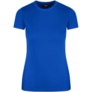 A women's slim fit tee in vibrant blue with a crew neckline and short sleeves. It has a logo on the label.