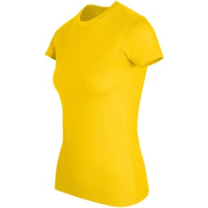 A yellow women's slim fit tee with short sleeves and a simple design. It features a logo on the garment.