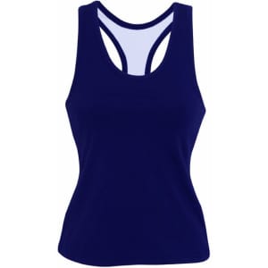 A navy blue singlet with a stylish crossback design and a logo. Ideal for sports and active wear.