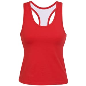 A red women's singlet with a racerback design, featuring a logo. Ideal for sports and active wear.
