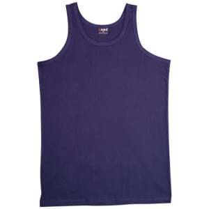 A navy men's cotton singlet with a simple, sleeveless design and a label in the neck area.
