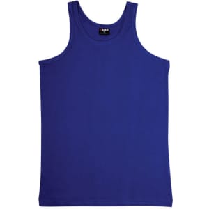 A blue cotton singlet with a round neckline and wide shoulder straps, featuring a logo on the tag.