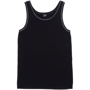 A black cotton rib singlet with contrast stitching and a logo on the label.