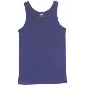 A navy blue men's cotton rib singlet with a round neckline and no sleeves. Features a branded label.