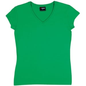 A green women's V-neck T-shirt with short sleeves and a logo at the neckline.
