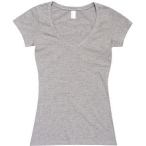 A grey women's V-neck T-shirt with short sleeves, featuring a plain design and a tag at the neckline.