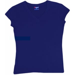 A navy women's V-neck T-shirt with short sleeves and a fitted design, featuring a logo on the neckline.