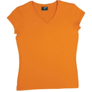 An orange women's V-neck T-shirt with short sleeves and a logo on the label.