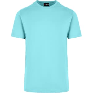 A turquoise unisex t-shirt with a crew neck and short sleeves, featuring a logo on the collar.