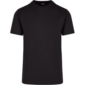 A black unisex American style t-shirt with short sleeves and a round neckline. It has a logo on the collar.