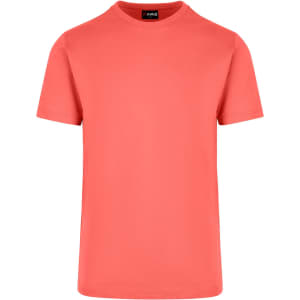 A coral unisex t-shirt featuring a classic crew neck design and short sleeves. It has a logo at the neckline.