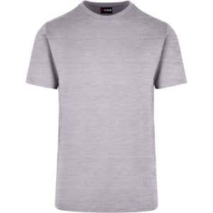 A grey unisex American style t-shirt with a round neckline and short sleeves, featuring a logo.