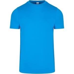 Bright blue men's slim fit T-shirt with a round neckline. Features a logo on the label.