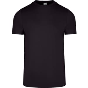 A black men's slim fit T-shirt with a round neck and short sleeves, featuring a logo on the label.