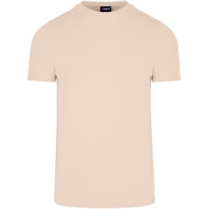 A beige men's slim fit t-shirt with a round neck and short sleeves, featuring a logo on the tag.