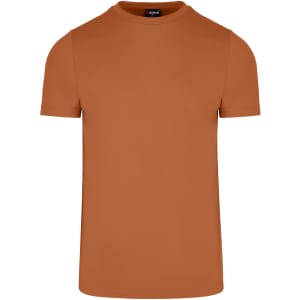 A men's slim fit t-shirt in a warm terracotta colour, featuring a crew neck and short sleeves. It has a logo on the label.