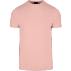A short-sleeved men's slim fit t-shirt in a light peach shade, featuring a simple design and a logo on the collar.