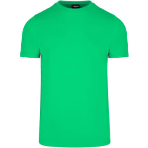 A bright green men's slim fit T-shirt with short sleeves and a minimalistic design. It features a logo on the label.