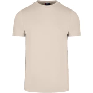 A beige slim fit men's T-shirt with a crew neckline. Features a logo at the collar.