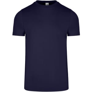 A navy men's slim fit T-shirt with short sleeves, featuring a simple design and a logo on the label.