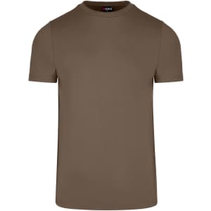 A slim fit men's T-shirt in a muted brown colour, featuring a round neck and short sleeves. It has a logo on the label.