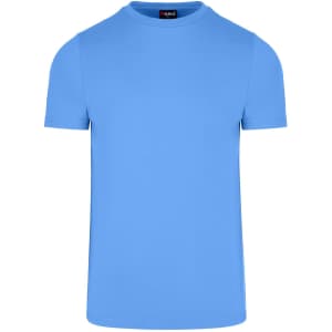 A blue men's slim fit T-shirt featuring a crew neck and short sleeves, with a logo on the collar.