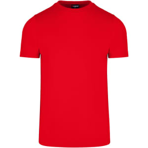 A red men's slim fit T-shirt featuring a round neckline and short sleeves. The shirt has a logo on the label.