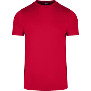 A red men's slim fit T-shirt featuring a crew neck and short sleeves. It includes a logo on the tag.