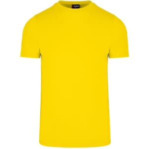 A yellow men's slim fit T-shirt with a crew neck and short sleeves, featuring a logo on the inside collar.