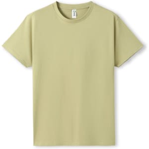A light olive green unisex T-shirt with a classic round neck and short sleeves, featuring a branding label.