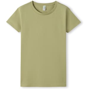 A green women's T-shirt with a simple round neckline and short sleeves, featuring a logo.