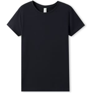 A black women's organic cotton T-shirt with a round neckline and short sleeves. It has a small logo on the label.