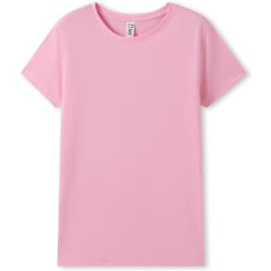 A pink women's organic cotton T-shirt featuring a classic crew neckline and short sleeves. It has a logo on the label.