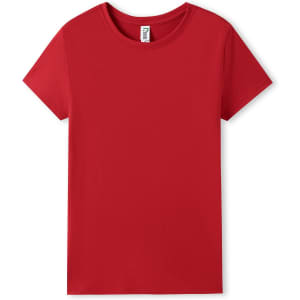 A red women's organic cotton T-shirt with a classic round neckline and short sleeves. Features a logo label.